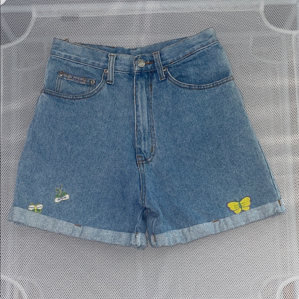 Vintage Denim Butterfly Embroidered Women's Shorts by Tropical Melon